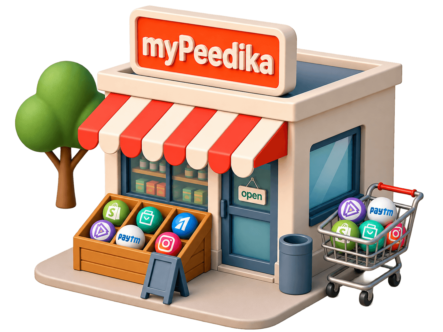 A miniature myPeedika storefront with a striped awning and a shopping cart